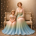 Before She Flies – mother and daughter in soft blue and sage pearl gowns seated quietly together with cascading pearl curtain backdrop
