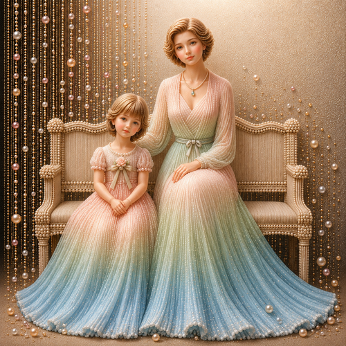 Before She Flies – mother and daughter in soft blue and sage pearl gowns seated quietly together with cascading pearl curtain backdrop