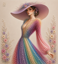 Whispers of Light – woman in a multicolor rainbow pearl gown with lavender wide-brim hat adorned with pearl flowers