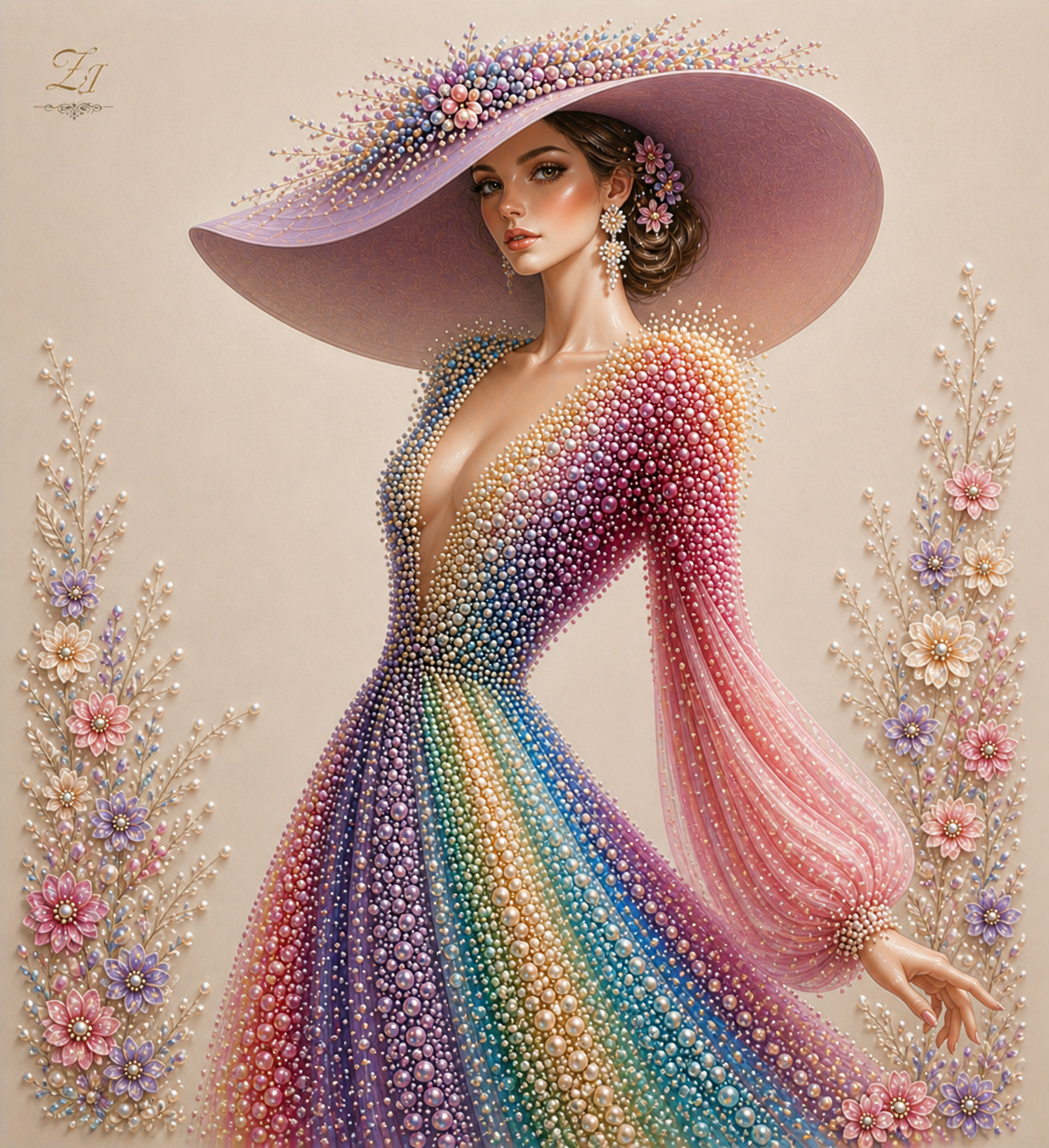 Whispers of Light – woman in a multicolor rainbow pearl gown with lavender wide-brim hat adorned with pearl flowers