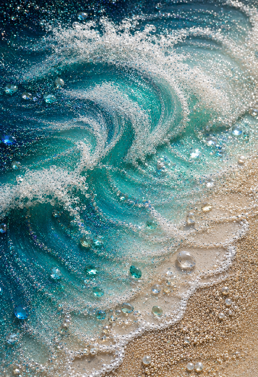 Celestial Veil – aerial view of a swirling teal ocean wave encrusted with crystals and pearls, shimmering against sandy shore