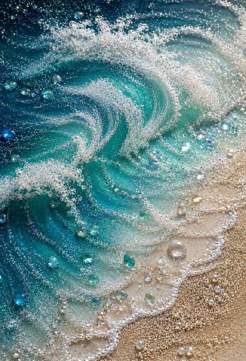 Celestial Veil – aerial view of a swirling teal ocean wave encrusted with crystals and pearls, shimmering against sandy shore