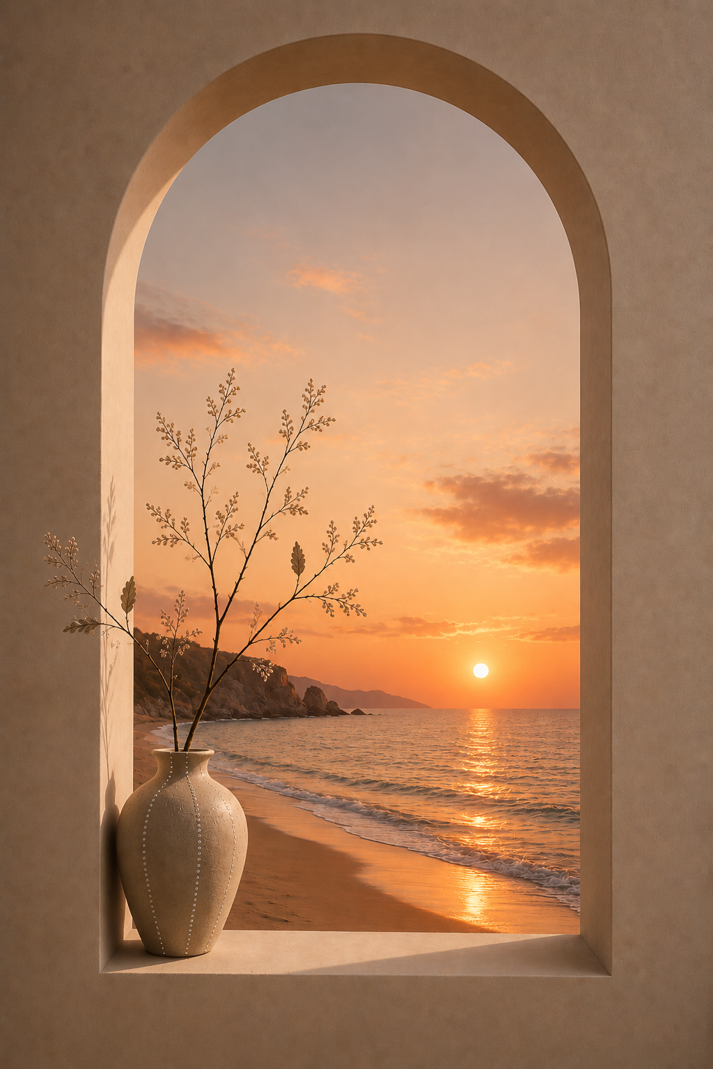 The Last Light – white ceramic vase with botanical branches silhouetted against a dramatic amber and coral coastal sunset, framed by an arched window