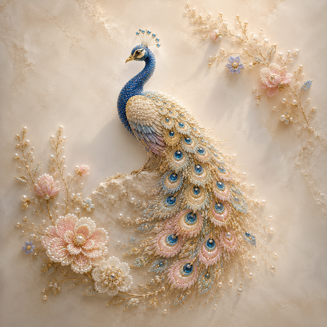 Royal Plume – regal peacock in cobalt blue with a magnificent pearl and crystal tail in cream, blush and gold, surrounded by pearl botanical flowers