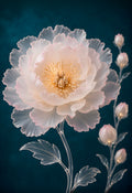 Genesis of Silence — a translucent crystal peony with blush-edged petals and a glowing golden heart beside crystal buds on deep teal