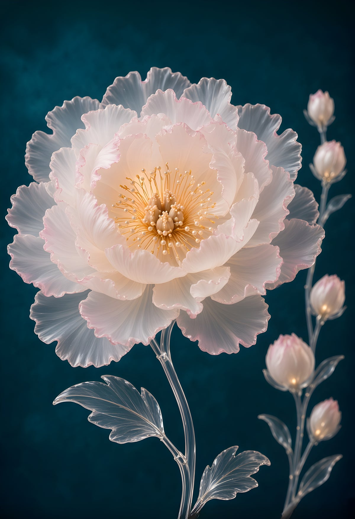 Genesis of Silence — a translucent crystal peony with blush-edged petals and a glowing golden heart beside crystal buds on deep teal