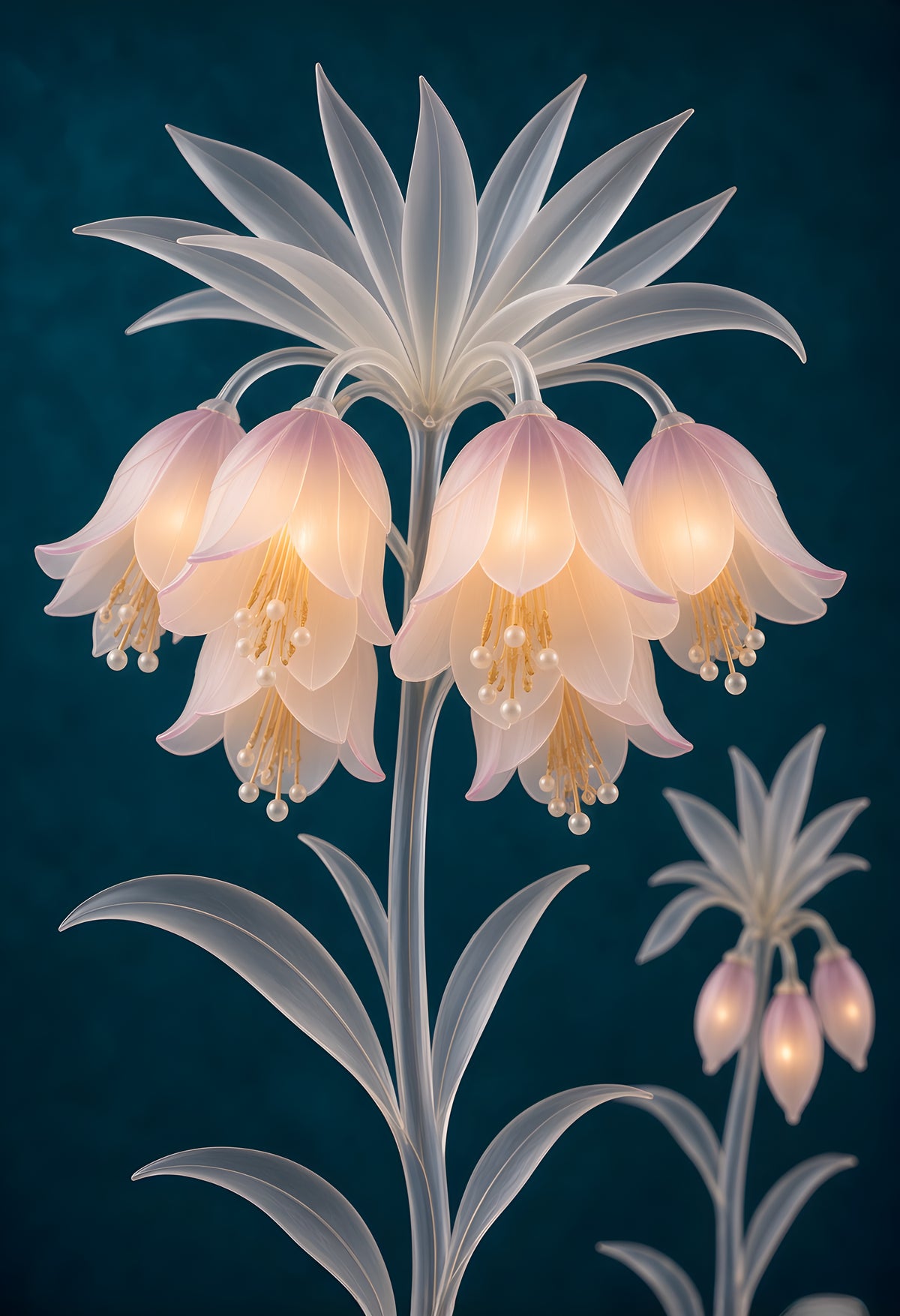 Frozen Breath — frosted crystal fritillaria bells with blush edges glowing on thin crystal stems against deep teal