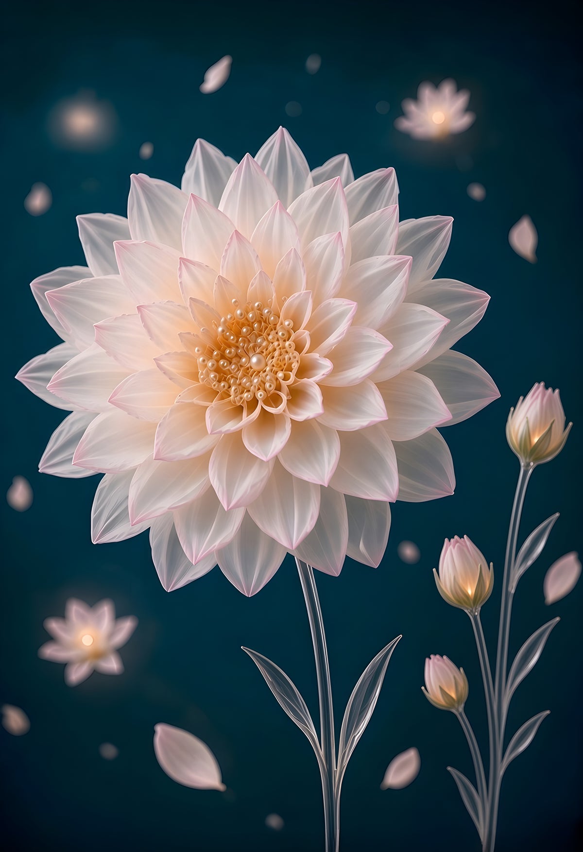 Mineral Bloom — a crystal dahlia with pointed milky petals and a golden center, loose petals drifting on deep teal
