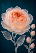 The Quiet Core — a coral-tinted crystal ranunculus with a glowing heart beside crystal buds on deep teal