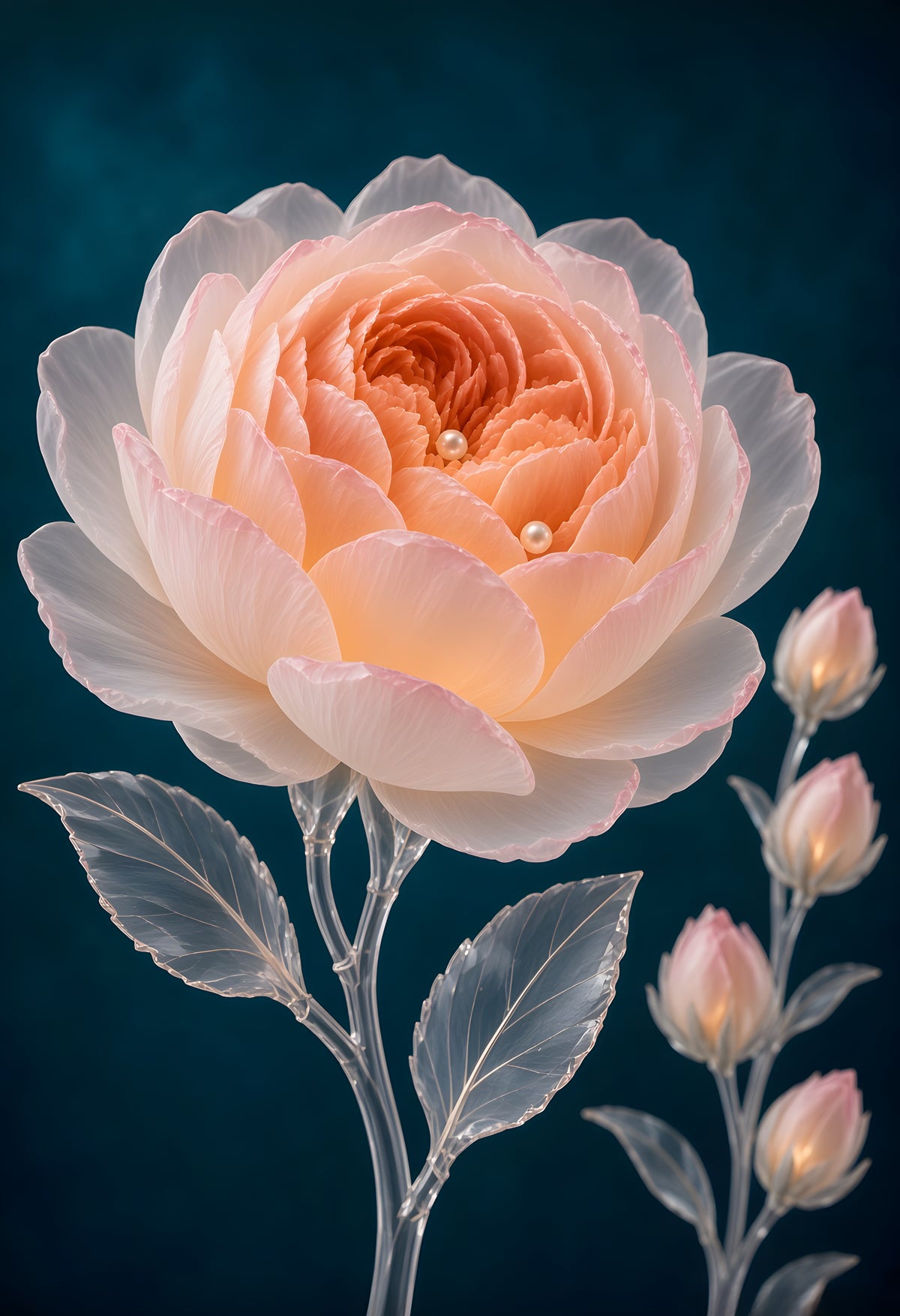 The Quiet Core — a coral-tinted crystal ranunculus with a glowing heart beside crystal buds on deep teal