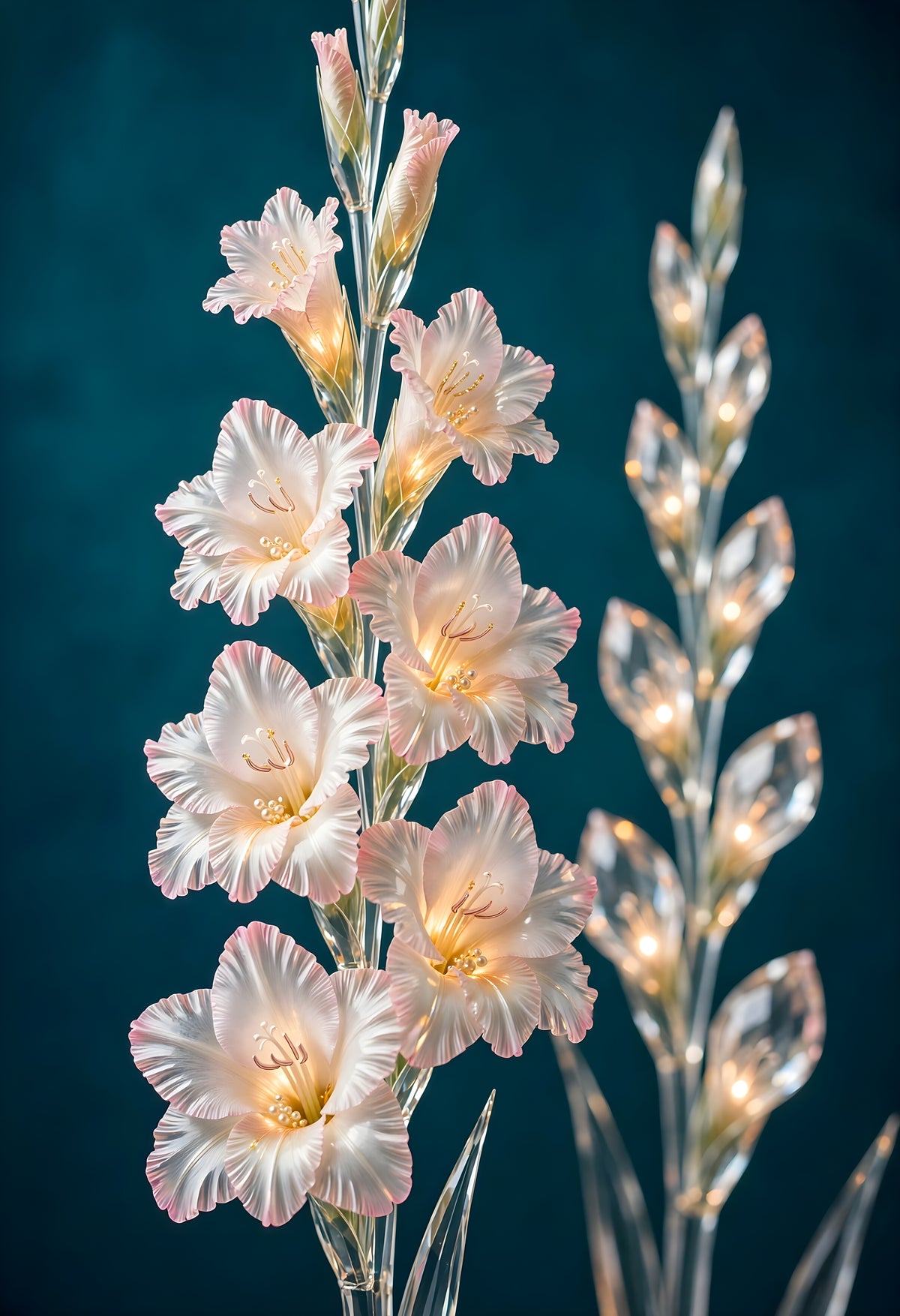 Echoes of Light — a tall spike of crystal gladiolus blooms glowing gold beside a second stem of luminous buds on deep teal