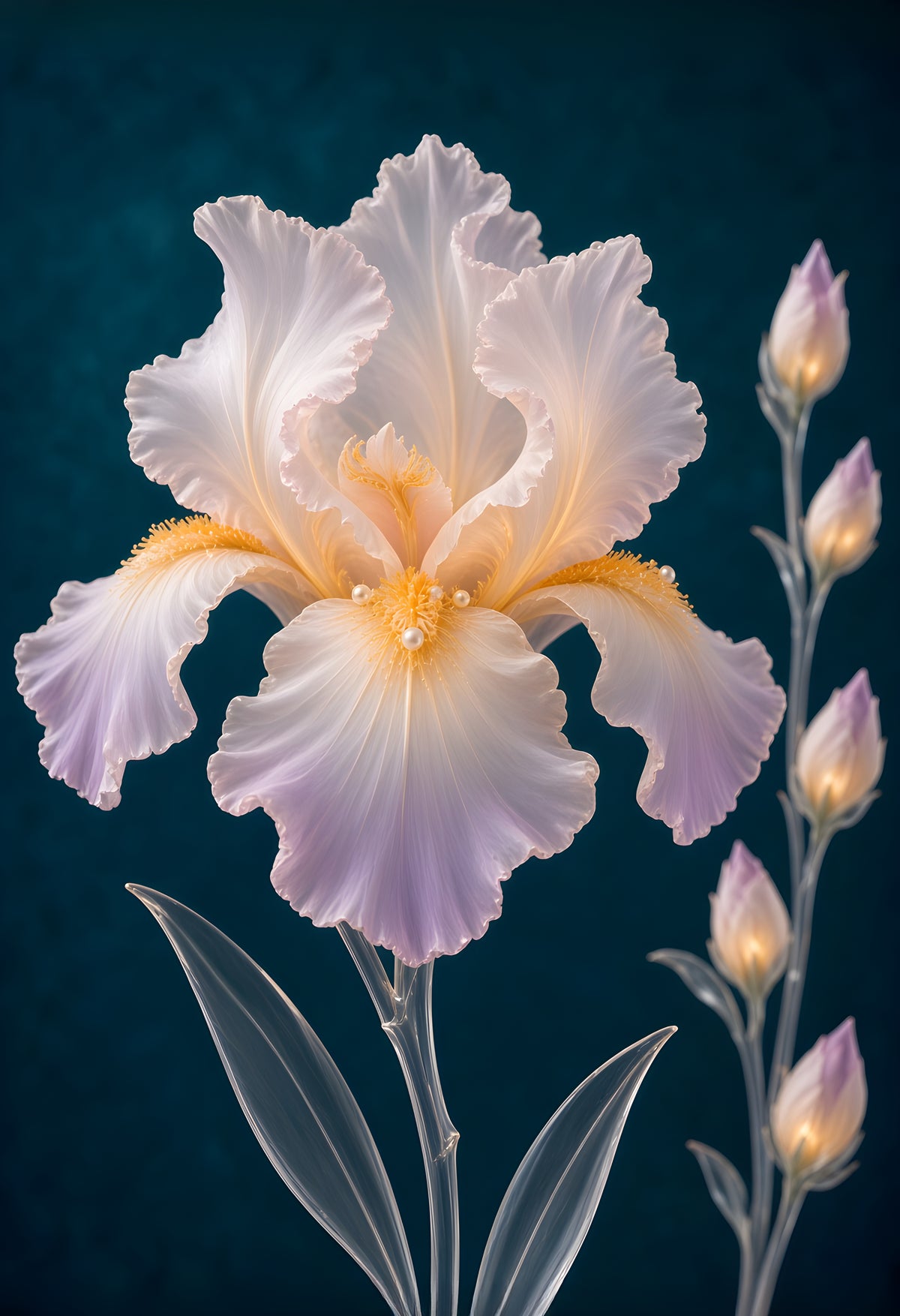 Porcelain Wind — a crystal iris with ruffled white and lavender petals and a golden heart beside crystal buds on deep teal
