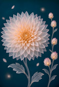 Crystal Dahlia — a frosted crystal dahlia with blush-tipped petals and a glowing golden heart beside luminous buds on deep teal