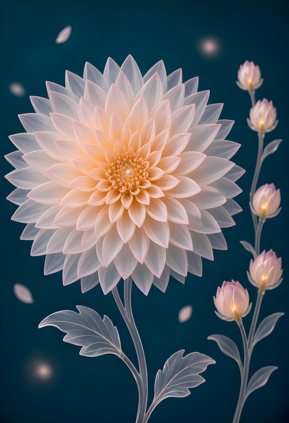 Crystal Dahlia — a frosted crystal dahlia with blush-tipped petals and a glowing golden heart beside luminous buds on deep teal