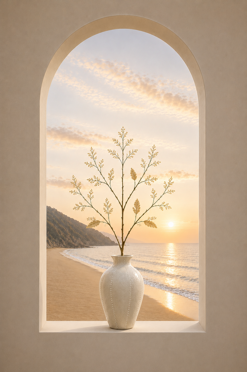 Coastal Stillness – ceramic vase with gold botanical branches framed by an arched window overlooking a beach at golden hour