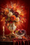 Crimson Harvest — cream, burgundy and copper dahlias in a white-and-gold urn beside a crystal bowl of grapes and pomegranates