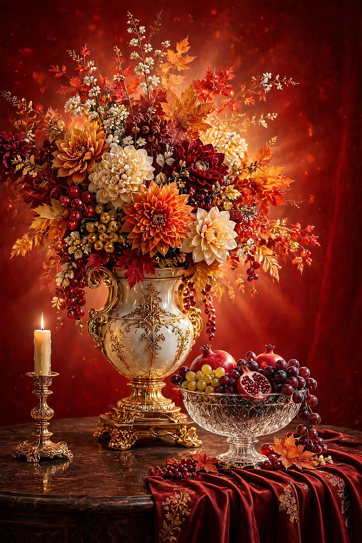 Crimson Harvest — cream, burgundy and copper dahlias in a white-and-gold urn beside a crystal bowl of grapes and pomegranates