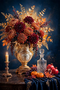 Midnight Chrysanthemum — burgundy and copper chrysanthemums in a white-and-gold urn with a crystal decanter, mini pumpkins and pomegranates