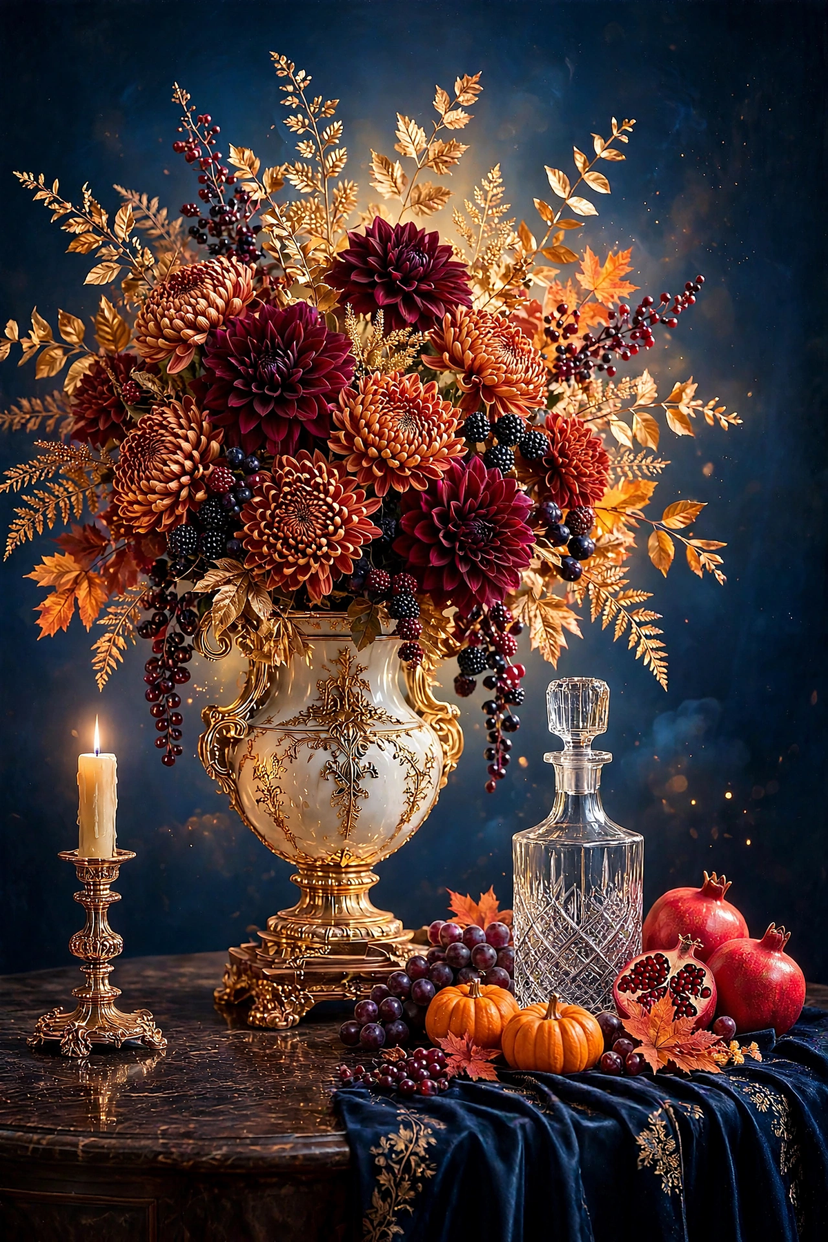Midnight Chrysanthemum — burgundy and copper chrysanthemums in a white-and-gold urn with a crystal decanter, mini pumpkins and pomegranates