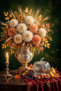 Golden Wheat — cream and peach dahlias with golden wheat in a white-and-gold urn beside a crystal pumpkin, pears, figs and grapes