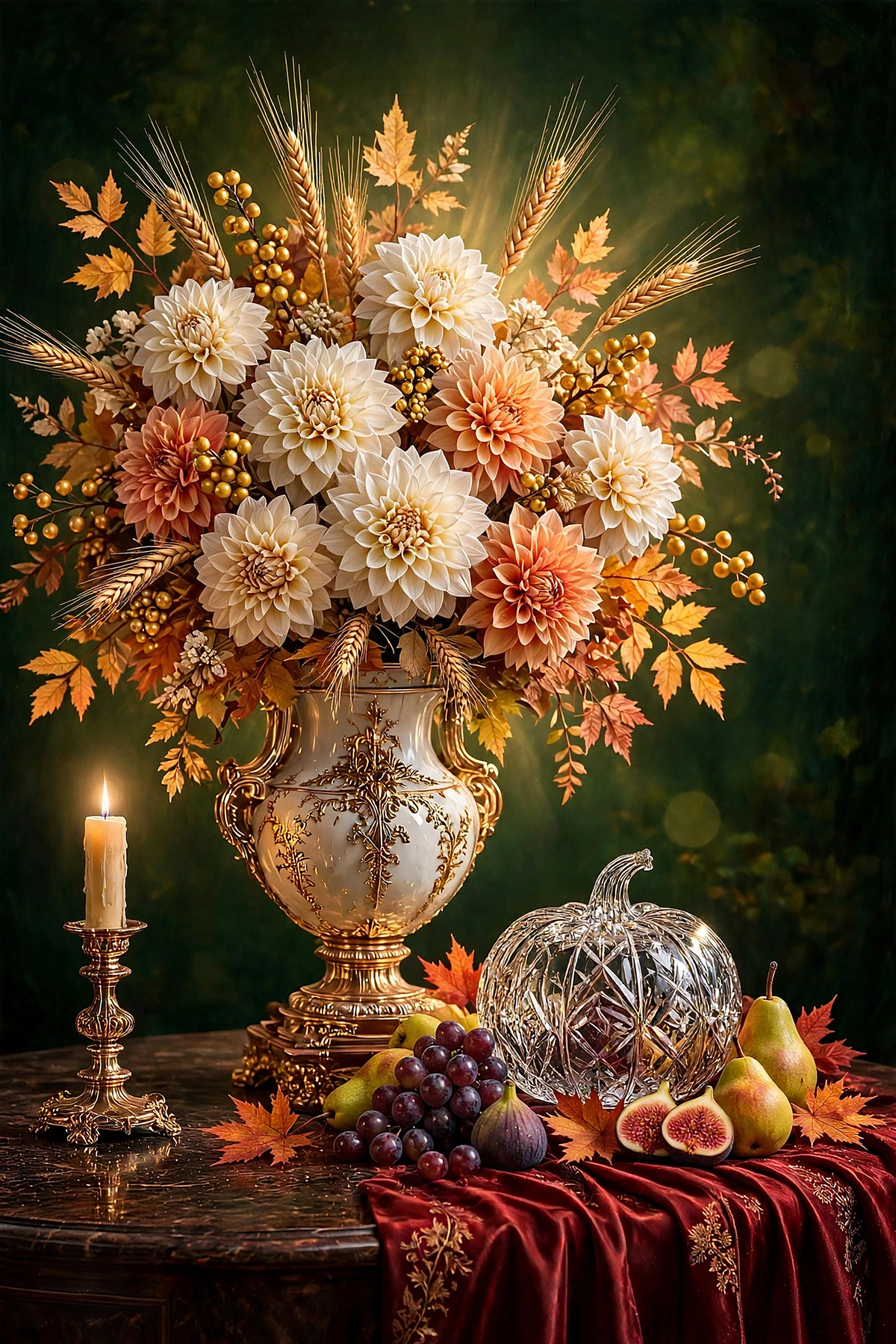 Golden Wheat — cream and peach dahlias with golden wheat in a white-and-gold urn beside a crystal pumpkin, pears, figs and grapes