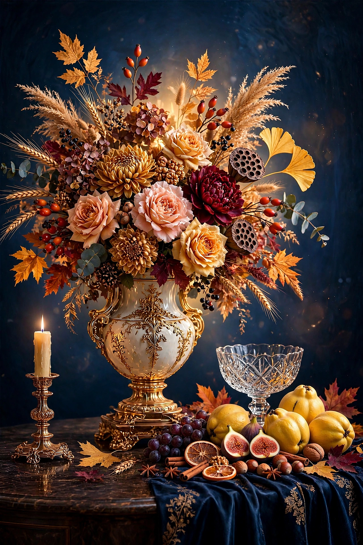 Rosehip and Gold — peach and gold roses, burgundy dahlia, pampas and rosehips in a white-and-gold urn beside a crystal coupe with quinces and figs