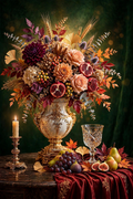 Emerald Chalice — roses, thistle, ginkgo and hydrangea in a white-and-gold urn beside a faceted crystal chalice with pears, figs and grapes