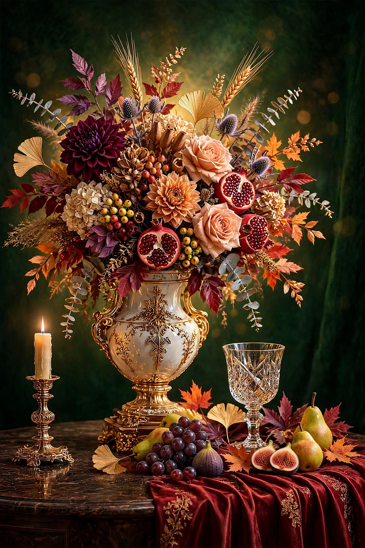 Emerald Chalice — roses, thistle, ginkgo and hydrangea in a white-and-gold urn beside a faceted crystal chalice with pears, figs and grapes