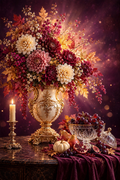 Plum Harvest — pink, cream and burgundy dahlias in a white-and-gold urn with a crystal dome, white pumpkin, pears and pomegranate