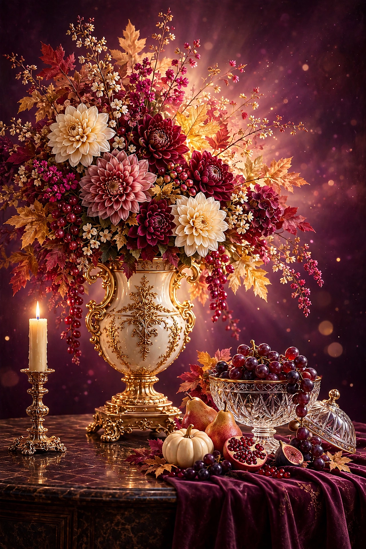 Plum Harvest — pink, cream and burgundy dahlias in a white-and-gold urn with a crystal dome, white pumpkin, pears and pomegranate