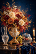 Midnight Ewer — cream, burgundy and copper dahlias in a white-and-gold urn beside a crystal ewer and a bowl of blue and white pumpkins