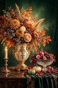 Autumn Gold — gold and copper chrysanthemums, peach dahlia and pampas in a white-and-gold urn with a crystal bowl of grapes and figs