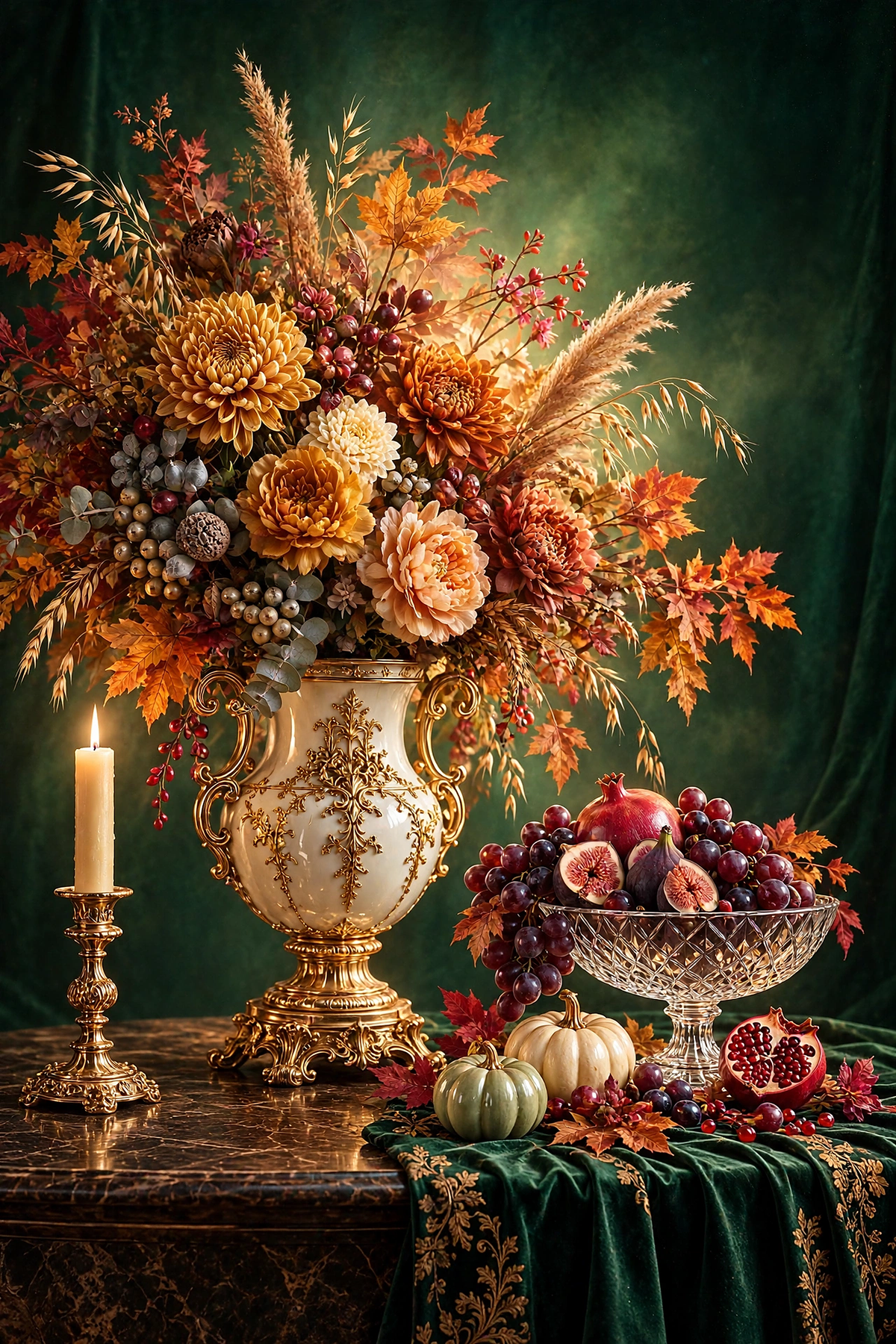 Autumn Gold — gold and copper chrysanthemums, peach dahlia and pampas in a white-and-gold urn with a crystal bowl of grapes and figs