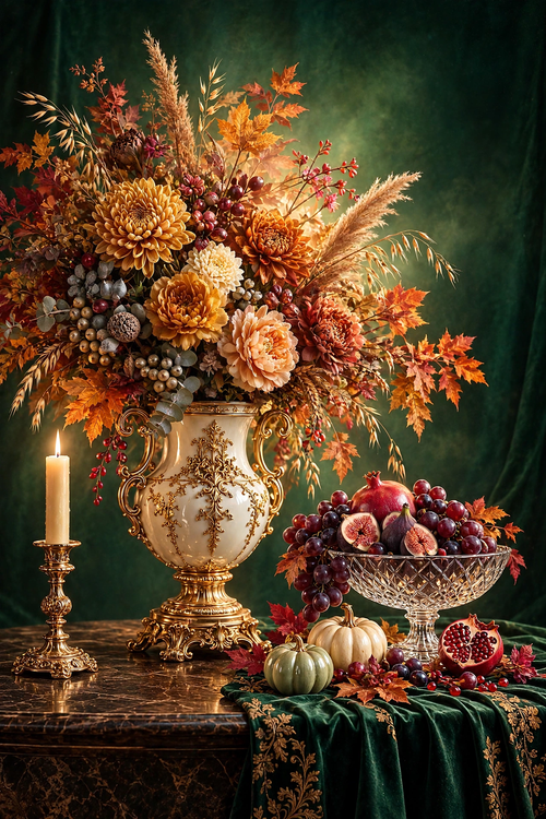 Autumn Gold — gold and copper chrysanthemums, peach dahlia and pampas in a white-and-gold urn with a crystal bowl of grapes and figs