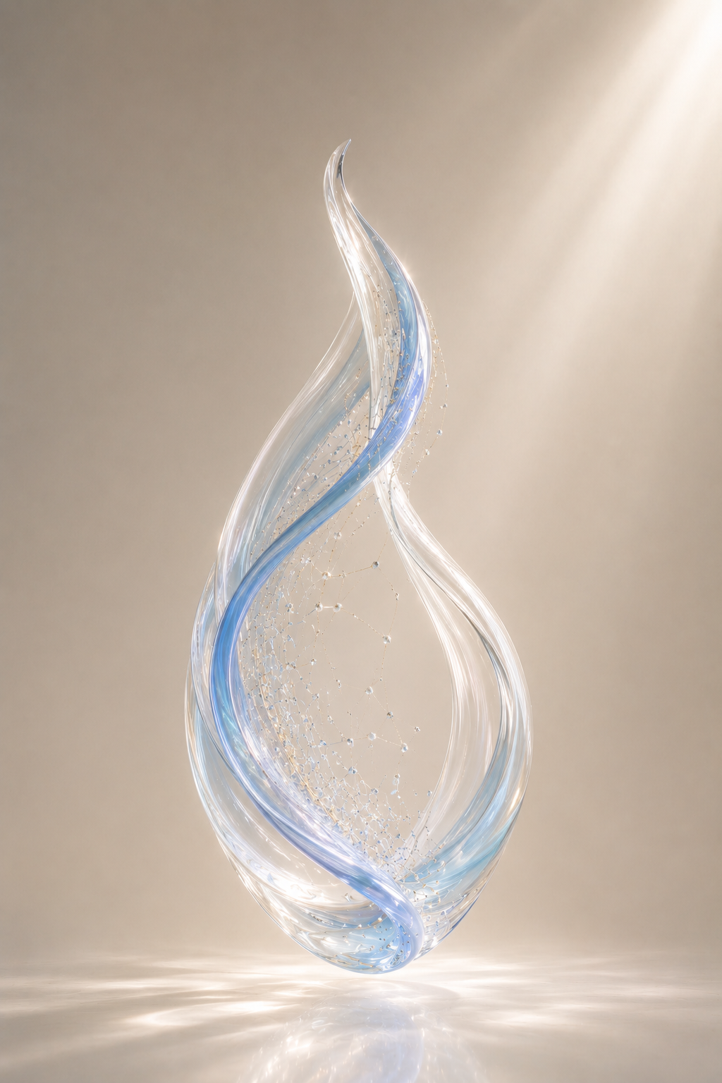 Azure Drift – minimalist clear crystal glass sculpture with a blue spiral vein, floating in soft warm light