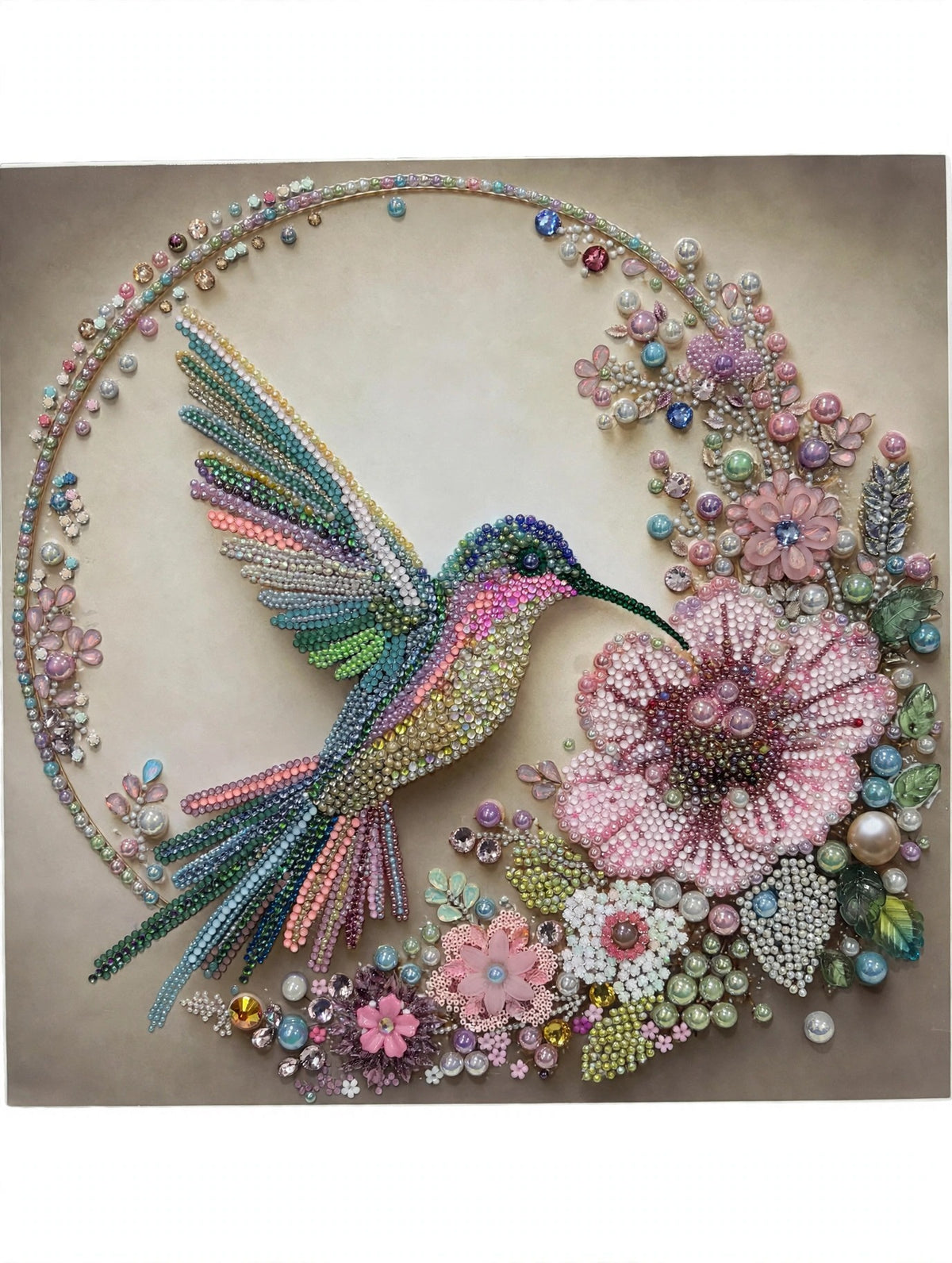 Colibrí y Flores — Cuadro con cuentas hecho a mano