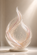 Rose Ascent – tall slender blush and champagne crystal glass sculpture in a flame shape, floating without a base in soft warm light