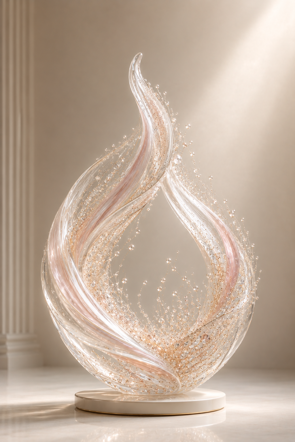 Rose Ascent – tall slender blush and champagne crystal glass sculpture in a flame shape, floating without a base in soft warm light