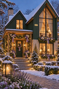 Modern Green Lavender House — modern dark green house with tall glowing windows, garlands and lavender in the snow