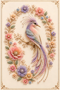 Lilas Couronné — lilac-crowned pearl-embroidered bird of paradise in a floral oval wreath