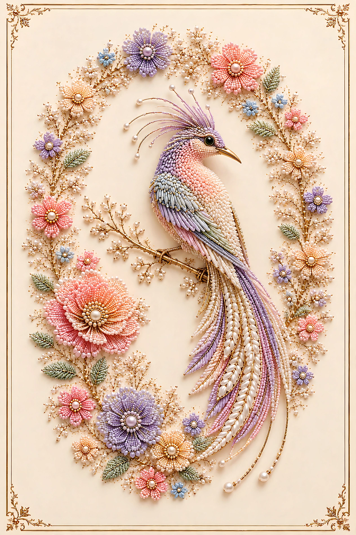 Lilas Couronné — lilac-crowned pearl-embroidered bird of paradise in a floral oval wreath
