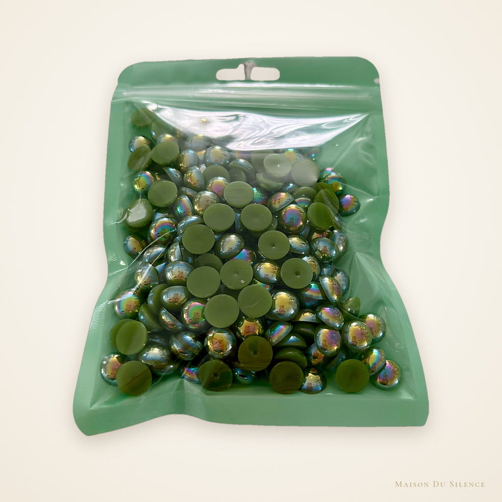 Bag of peridot green AB flatback half pearls, 10 mm, 60g