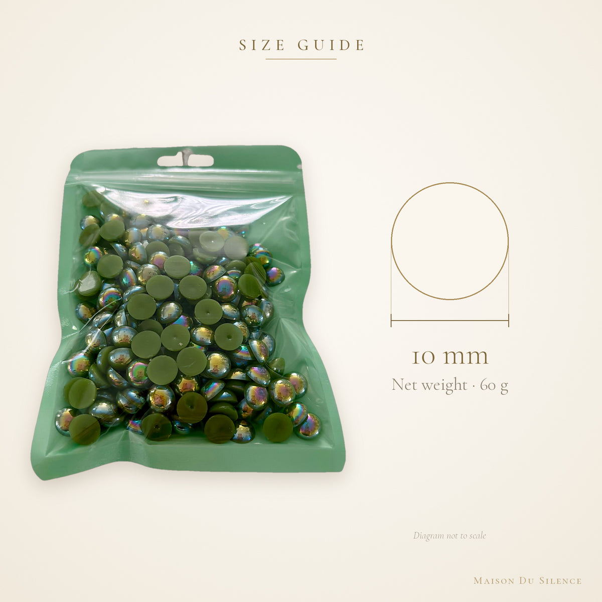 Size guide for peridot green AB flatback half pearls, 10 mm, 60g