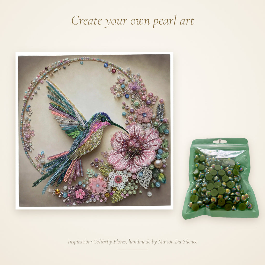 Peridot green half pearls beside a handmade Maison Du Silence beaded artwork for inspiration
