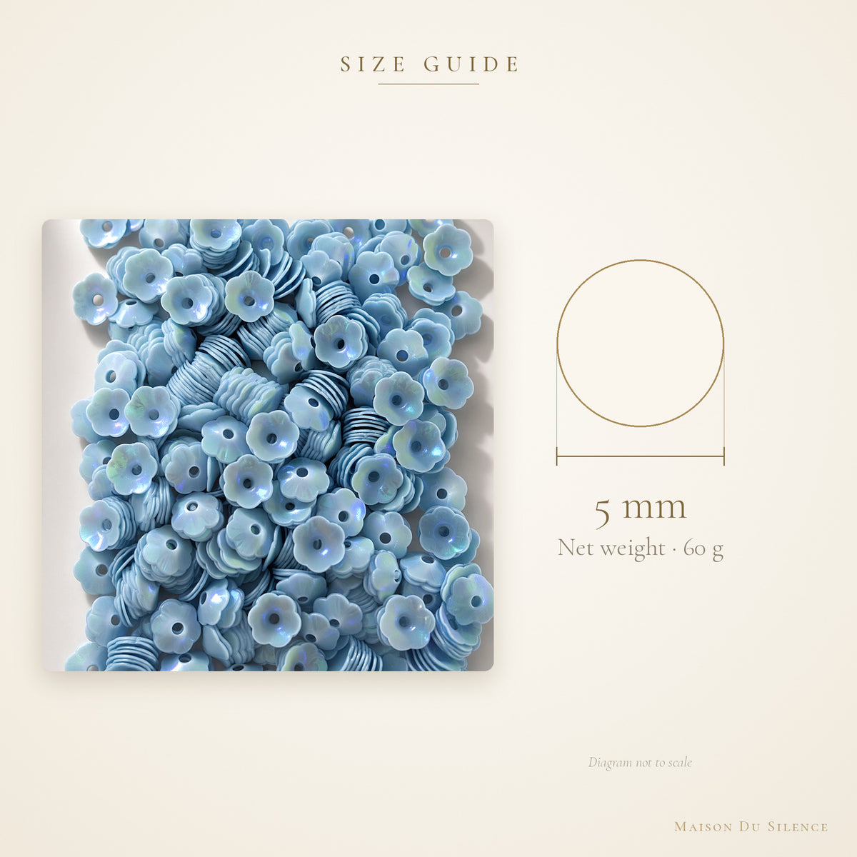 Size guide for blue flower sequins, 5 mm, 60g