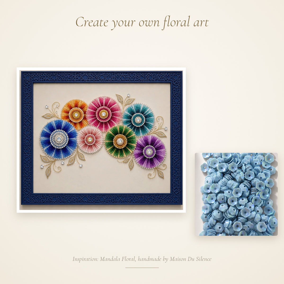 Blue flower sequins beside a handmade Maison Du Silence artwork for inspiration