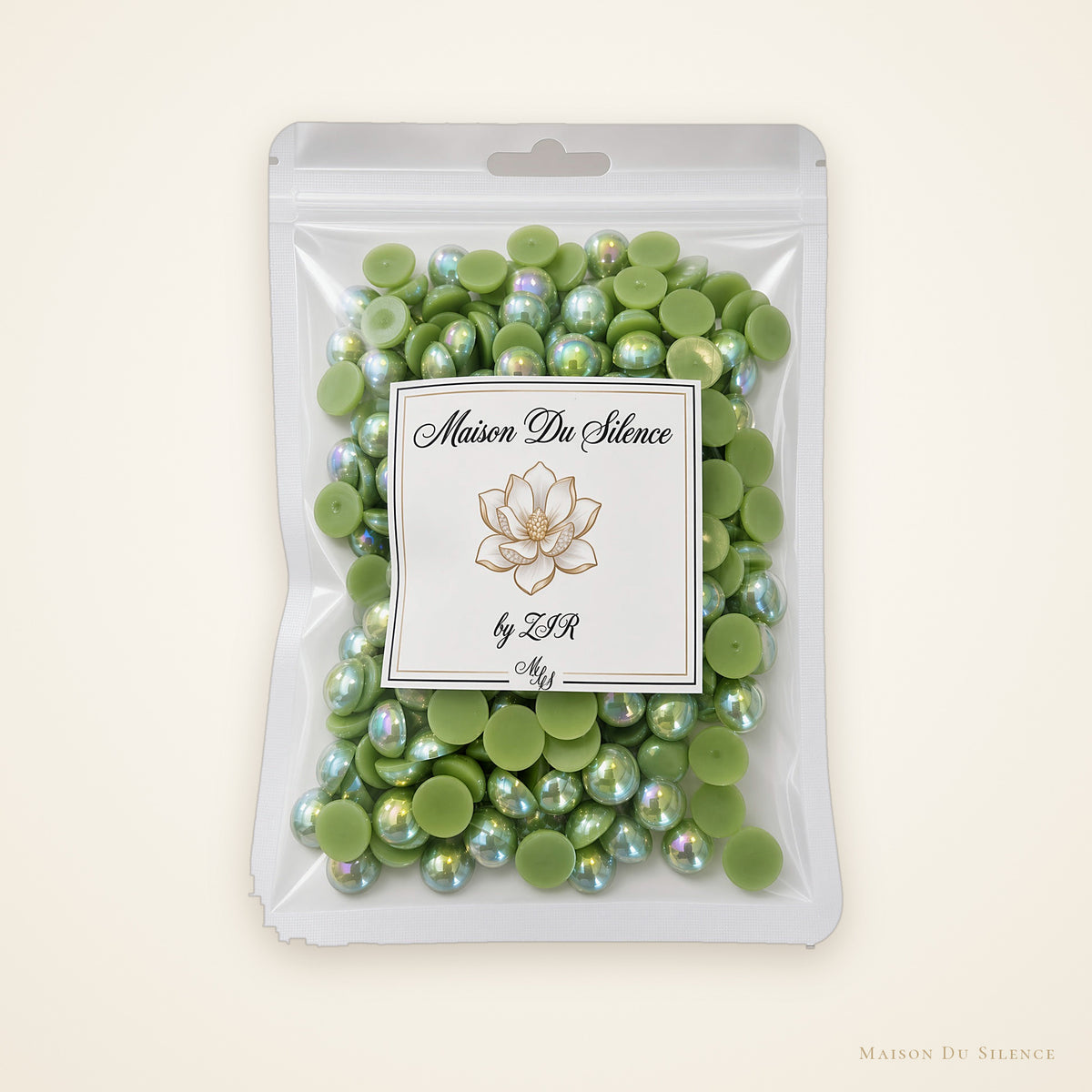 Maison Du Silence bag of green AB flatback pearls, 10 mm, 60g