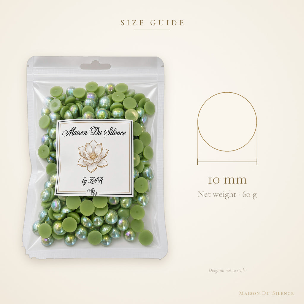 Size guide for green AB flatback pearls, 10 mm, 60g