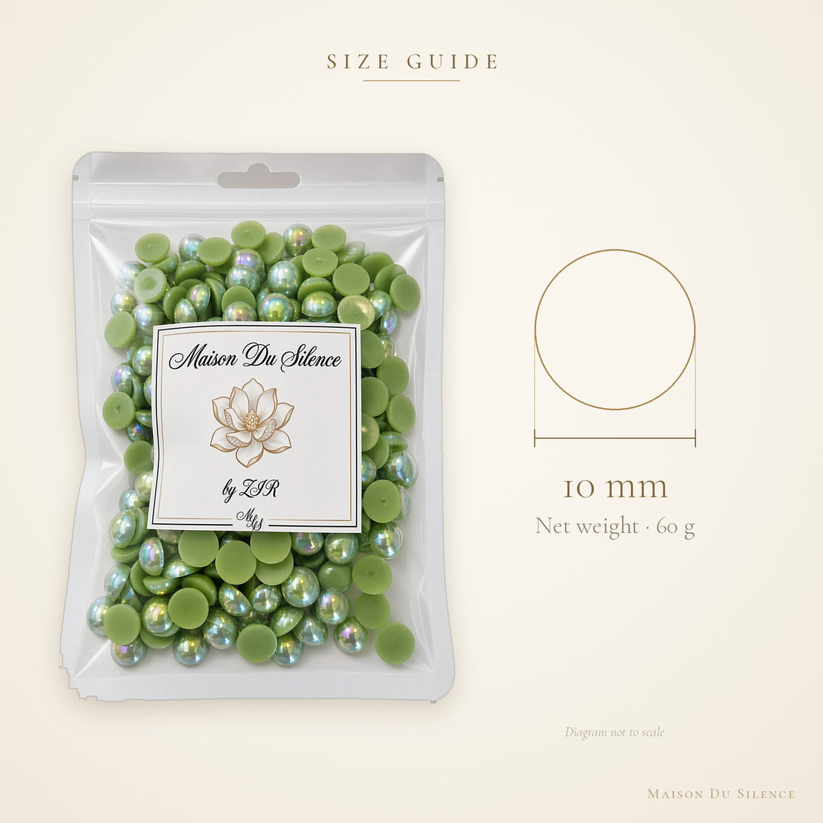 Size guide for green AB flatback pearls, 10 mm, 60g