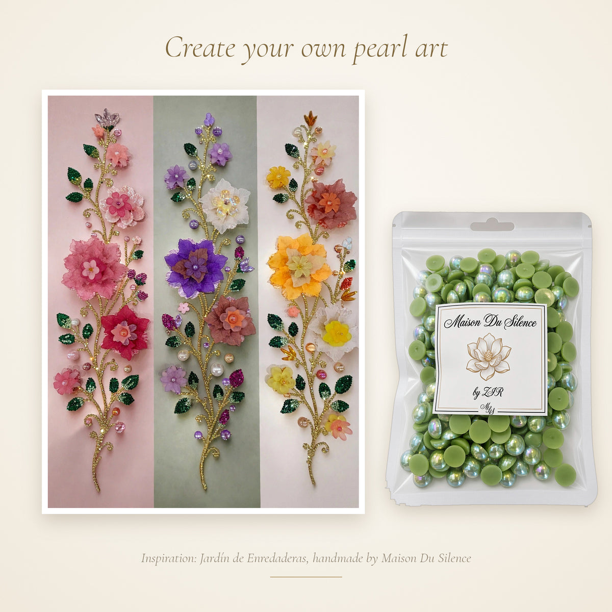 Green pearls beside a handmade Maison Du Silence beaded floral artwork for inspiration